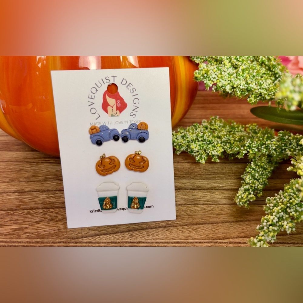 Artisan Crafted Autumn Pumpkin Coffee Truck Earring Stud Trio